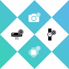 Set Air conditioner setting, Processor, Photo camera and Wrist watch icon. Vector