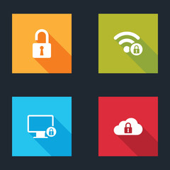 Set Open padlock, Wifi locked, Lock on monitor and Cloud computing icon. Vector