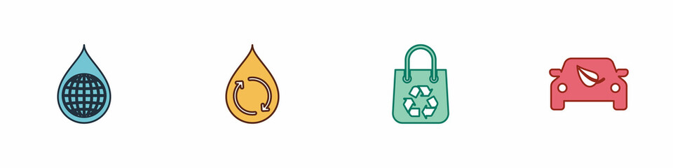 Set Earth planet in water drop, Recycle clean aqua, Shopping bag with recycle and Eco car drive leaf icon. Vector
