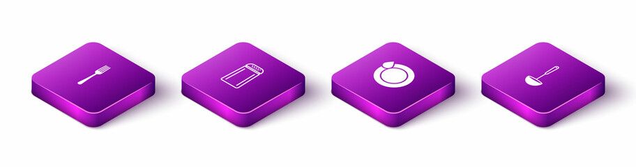 Set Isometric Fork, Salt and pepper, Washing dishes and Kitchen ladle icon. Vector