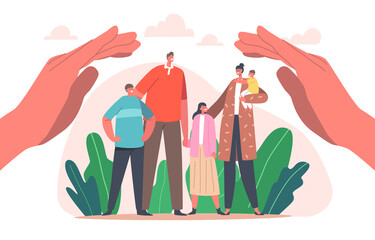 Family Protection Concept. Parents and Children Characters Stand under Huge Human Hands Protecting Mother, Father, Kids