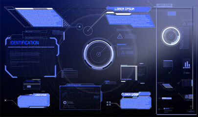 Sci-fi futuristic hud dashboard display virtual reality technology screen. Big collection GUI elements for VR Circle Abstract digital technology Interface Callouts titles and frame in Sci- Fi style