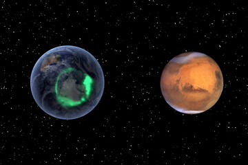 Mars and earth. Distance between them. Space for text. The elements of this image furnished by NASA.