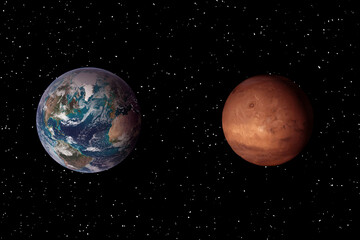 Mars and earth. Distance between them. Space for text. The elements of this image furnished by NASA.