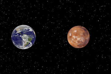 Mars and earth. Distance between them. Space for text. The elements of this image furnished by NASA.