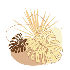 Abstract poster with composition of geometric ovals and monstera leaf in beige natural shades in boho style in vector on white background