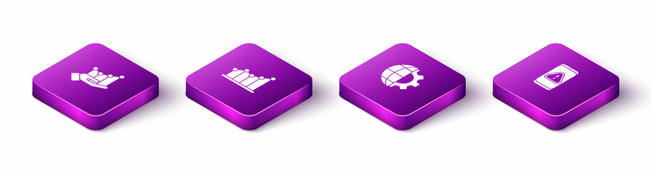 Set Isometric Pie chart infographic, , Globe of the Earth and gear and Mobile with exclamation mark icon. Vector