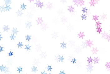 Light Blue, Red vector pattern with christmas snowflakes, stars.