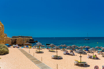 Panoramic aerial drone view of Praia do Castelo beach, Albufeira, Algarve, Portugal