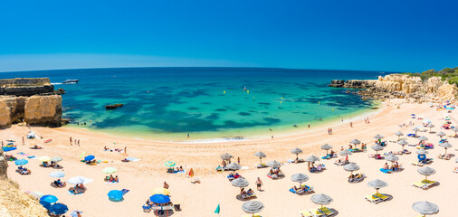 Panoramic aerial drone view of Praia do Castelo beach, Albufeira, Algarve, Portugal
