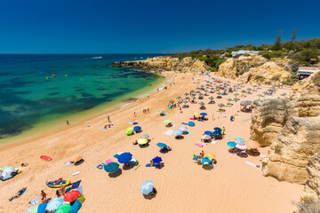 Fototapeta na wymiar Panoramic aerial drone view of Praia do Castelo beach, Albufeira, Algarve, Portugal