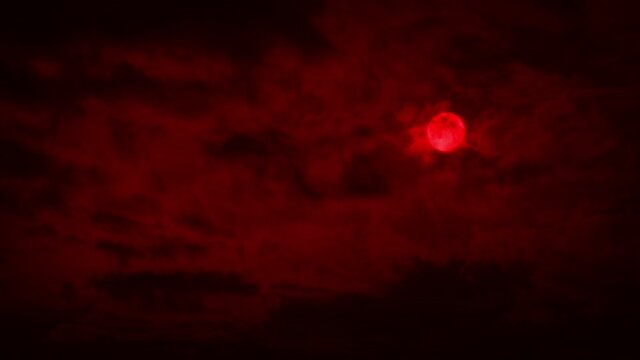 Lightning Strikes In Scary Red Sky With Full Moon