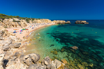 Panoramic aerial drone view of Praia do Castelo beach, Albufeira, Algarve, Portugal