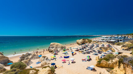 Panoramic aerial view of Praia Da Gale beach, near Albufeira and Armacao De Pera, Algarve, Portugal