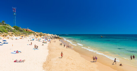 Fototapeta premium Panoramic aerial view of Praia Da Gale beach, near Albufeira and Armacao De Pera, Algarve, Portugal