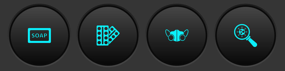 Set Bar of soap, Pills in blister pack, Medical protective mask and Virus under magnifying glass icon. Vector