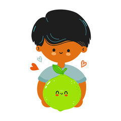 Cute funny family hold lime in hand. Family hugs cute lime. Isolated on white background