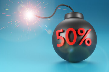 Discount 50 percent. Big discounts. Sale. Explosive discounts. 3d render.