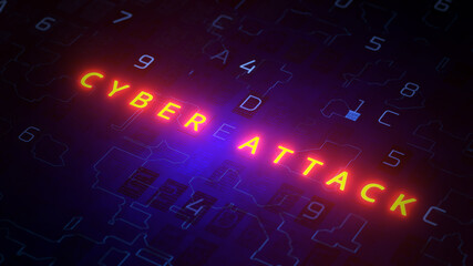 Glowing lettering inscription cyberattack on a digital background. 3d render.