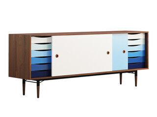 Mid-century style media console with retractable shelves. 3d render