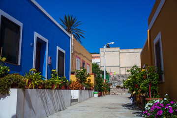 View of a typical colorful houses in the street of Linosa
