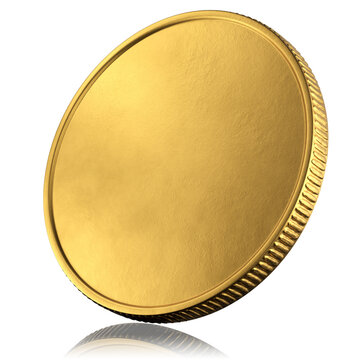 Blank template for gold coin or medal with metallic texture. The coin is turned sideways. 3d render.