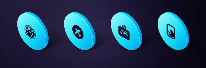 Set Isometric Airplane window, Suitcase, Plane and Radar with targets on monitor icon. Vector