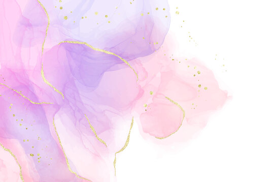 Purple rose and lavender liquid marble background with gold stripes and glitter dust. Pastel pink violet watercolor drawing effect. Vector illustration backdrop with gold splatter