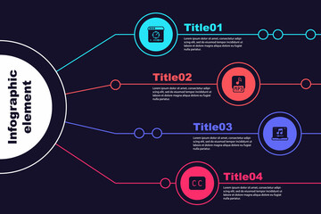 Set Online play video, MP3 file, Laptop with music and Subtitles. Business infographic template. Vector