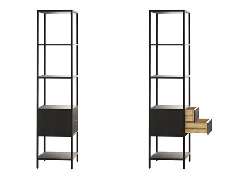 Mid-century style bookshelf with open shelves. 3d render