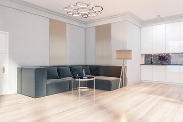 Modern white studio kitchen interior with comfortable couch, wooden flooring and sunlight. 3D Rendering.