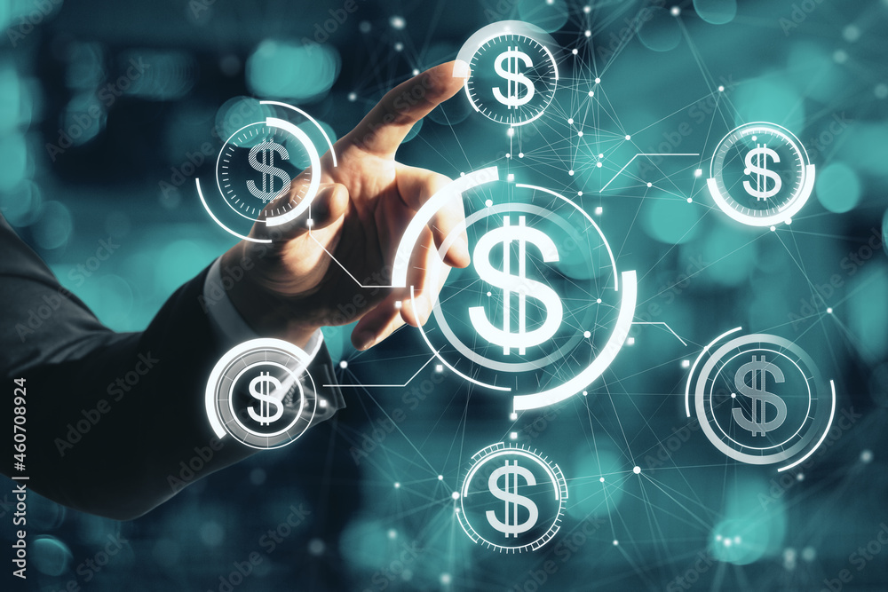 Poster close up of businessman hand pointing at glowing digital american dollar interface hologram on blurr