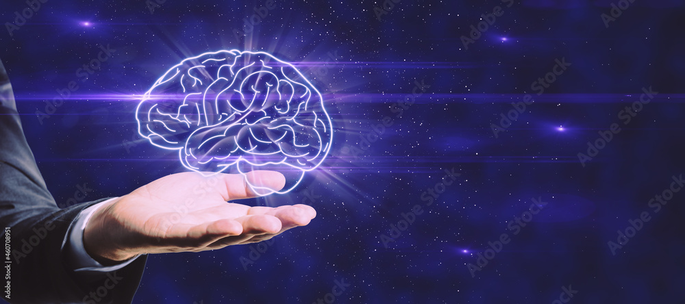 Poster close up of hand holding glowing human brain on dark blue background with mock up place. artificial 