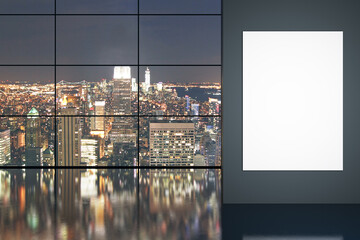 Fototapeta na wymiar Modern empty office interior with blank white mock up poster, illuminated night city view and reflections on concrete floor. Design concept. 3D Rendering.