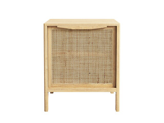A handy wooden nightstand with woven cane front. 3d render