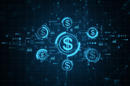 Creative digital blue american dollar interface hologram on dark grid background. Money business and investment concept.