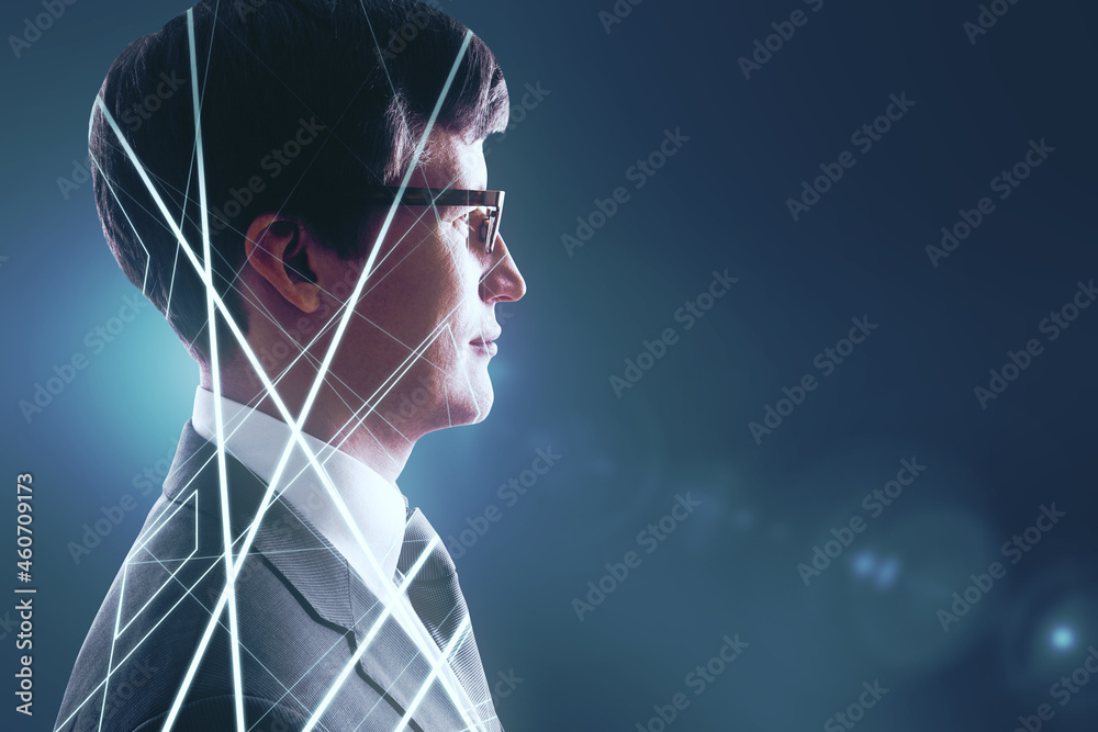 Poster portrait of attractive young european man with digital lines on blue background with mock up place. 