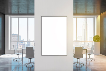 Fototapeta na wymiar Minimalistic concrete meeting room interior with bright city view, empty white mock up frame, large table, chairs, equipment and other obejcts. 3D Rendering.
