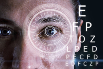 Abstract eyesight image with attractive european man portrait, digital eye lens and letters on dark...