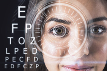 Abstract eyesight image with attractive happy european female portrait, digital eye lens and letters on dark background. Optical surgery and optometrist concept.