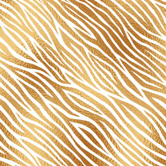 Zebra seamless pattern. Gold animal print. Fashion style patern. Texture wild skin. Abstract golden diagonal lines background. Zebra skin. Elegant sequin jungle design for prints. Vector illustration