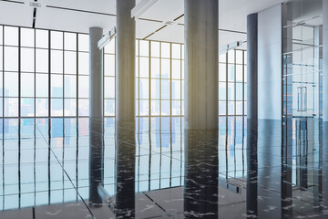 Modern white concrete business center hall interior with reflections, windows and bright city view. 3D Rendering.