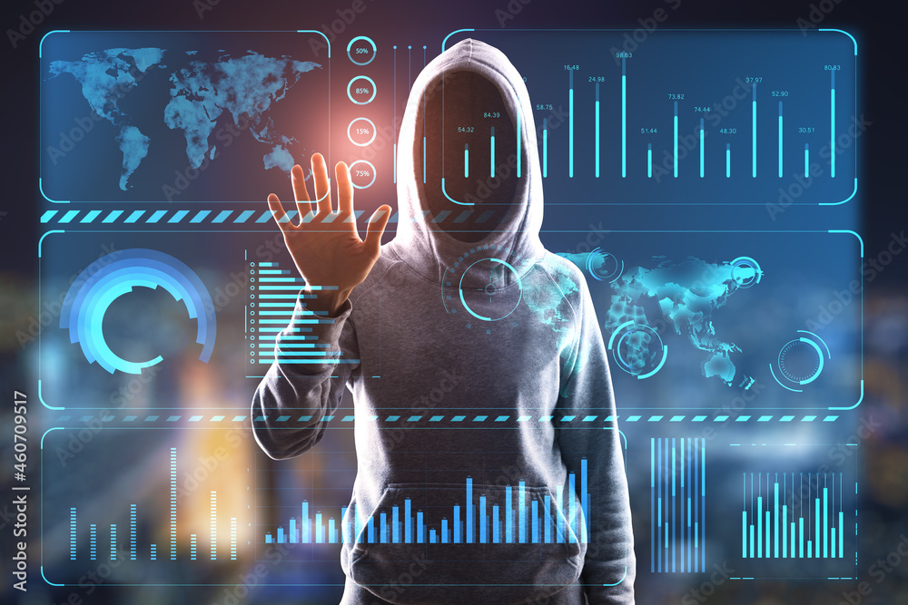 Poster hacker using creative glowing blue business chart with map on blurry night city background. technolo