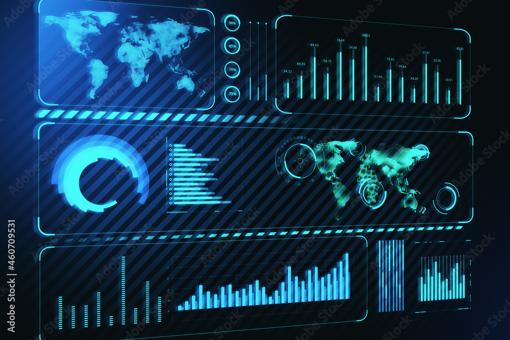 Poster creative glowing blue business chart with map on dark background. technology, global finance and int