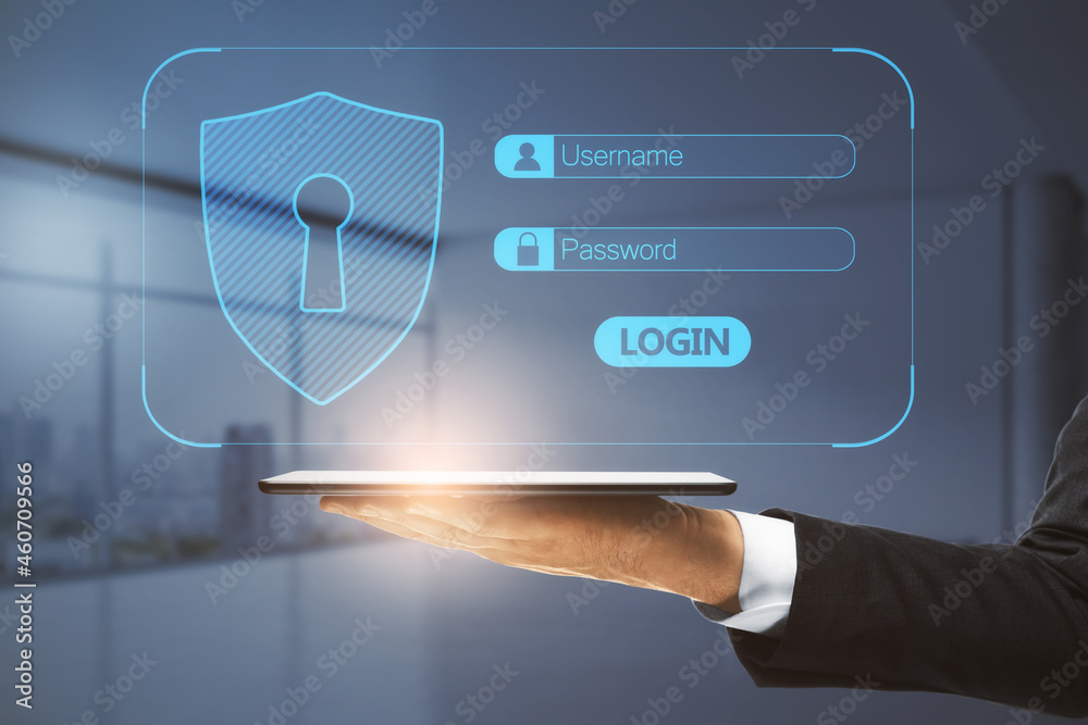 Poster Close up of businessman hand holding tablet with glowing username and password interface on blurry interior background. Information, security and encryption concept.