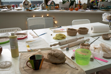 Ceramic artist workshop details. The interior of the creative workplace for clay products. 