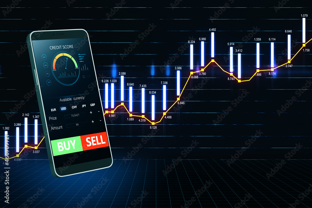 Poster close up of smartphone with forex chart and sell, buy buttons on dark background. stock exchange, cr