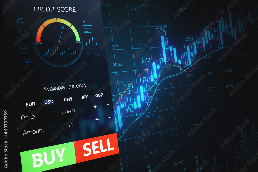 Poster close up of cellphone with forex chart and sell, buy buttons on dark background. stock exchange, cry