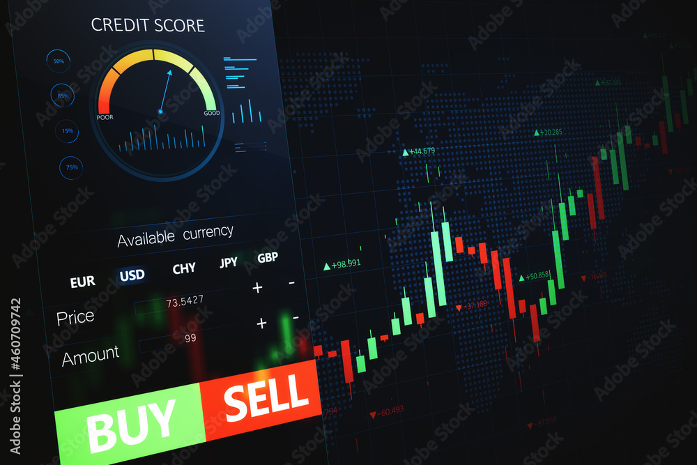 Poster Close up of abstract cellphone with forex chart and sell, buy buttons on dark background. Stock exchange, cryptocurrency and global fund information concept. 3D Rendering.