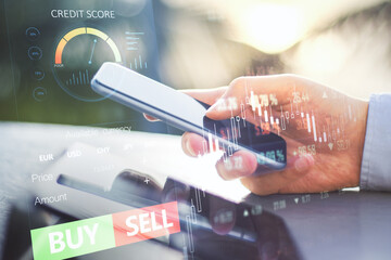 Fototapeta na wymiar Close up of hands using smartphone with forex chart and sell, buy buttons on blurry background. Stock exchange, cryptocurrency and global fund information concept. Double exposure.